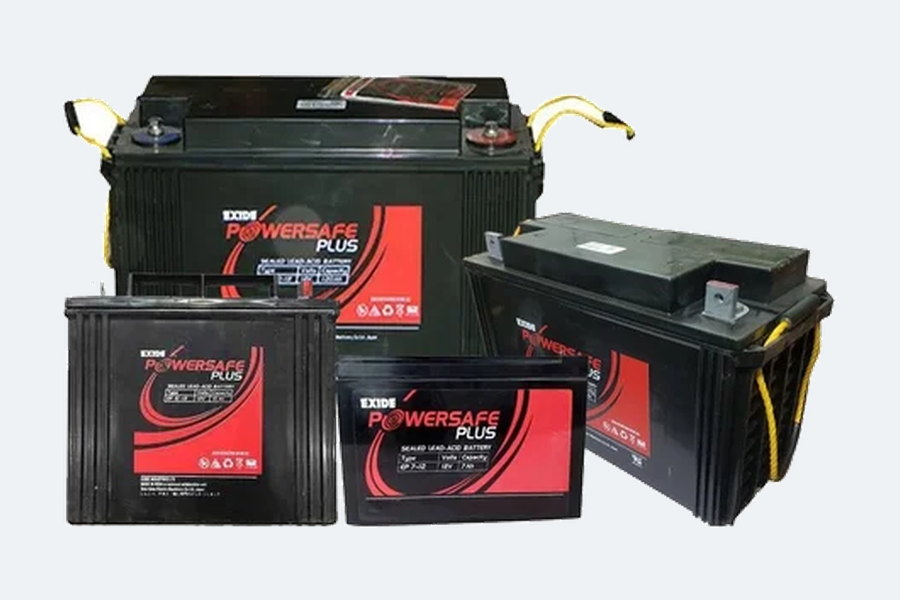 A group of sealed maintenance-free lead-acid batteries in several capacities, showing terminal posts and carry handles.