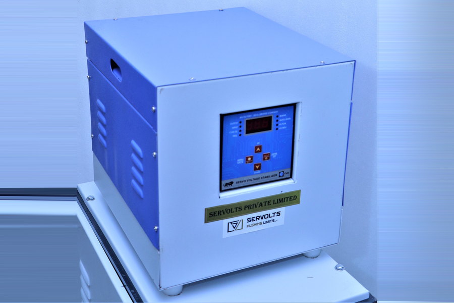 A single-phase air-cooled servo voltage stabiliser with a digital meter and control keypad set into the front panel.